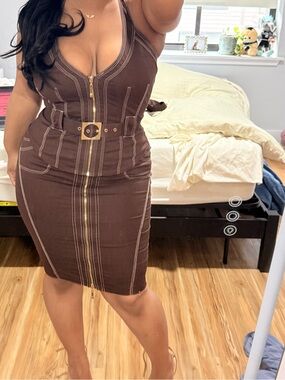 Vintage Bebe Brown Zipper-Front Belted set